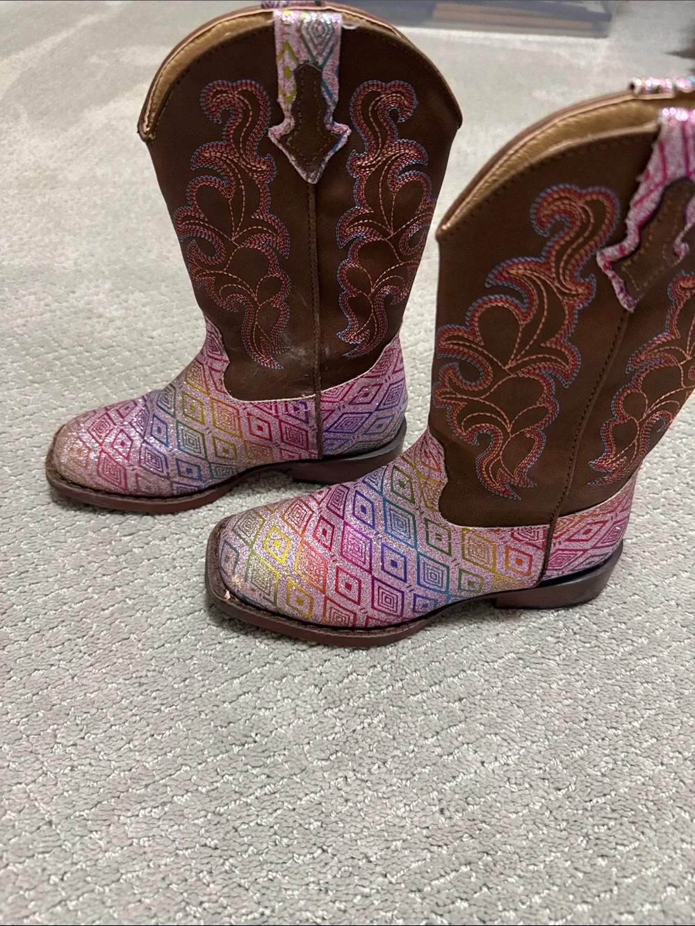 Roper Kids Brown Shaft Rainbow Diamond-Print Cowboy Boots
